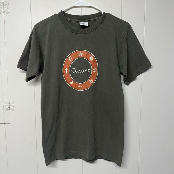 VTG Coexist Religion Earth Human Kind Single Stitch T-Shirt USA Made Alore Men S - Picture 1 of 12